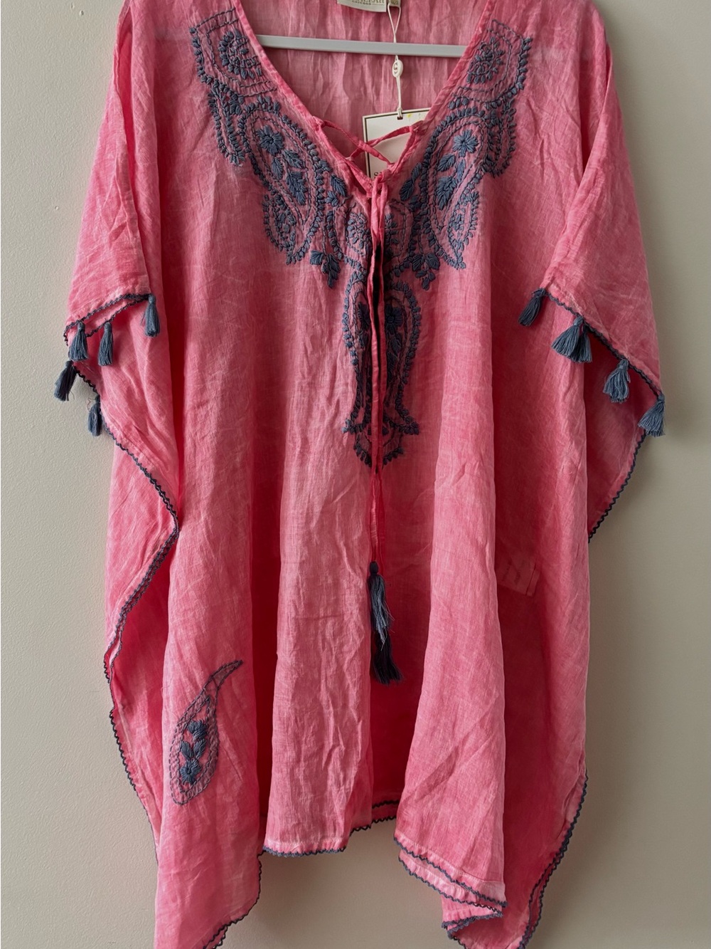 Shiraleah Pink Tunic with Navy Embroidery and Tassels NWT -one size